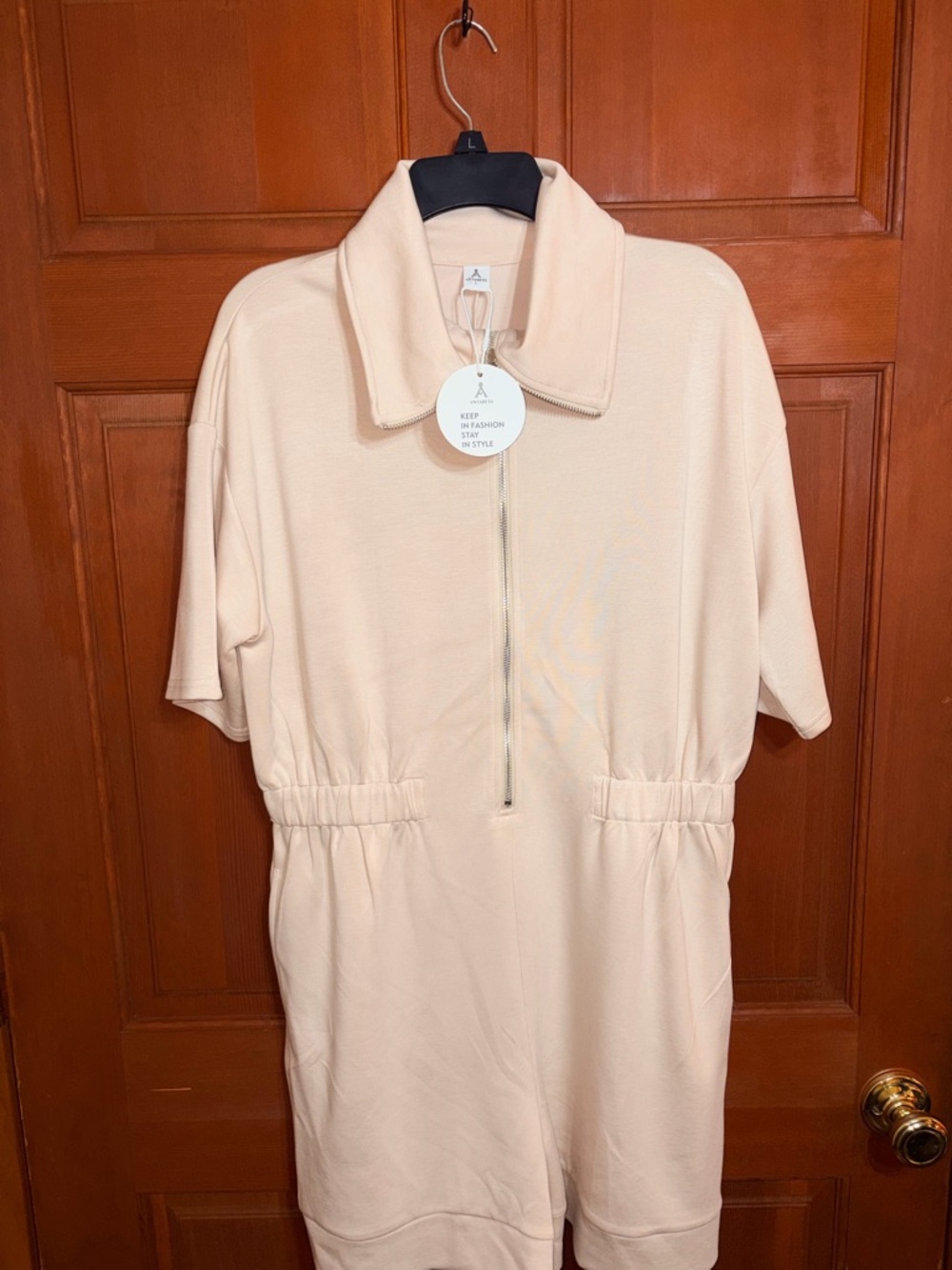 Light Peach Zip-Front Short Sleeve Romper